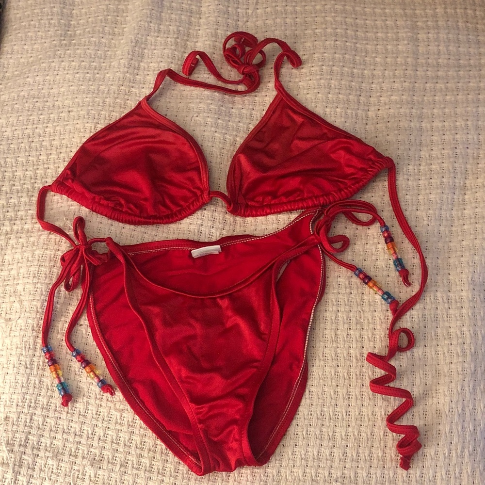Girl Star Red Beaded Tie Bikini Set